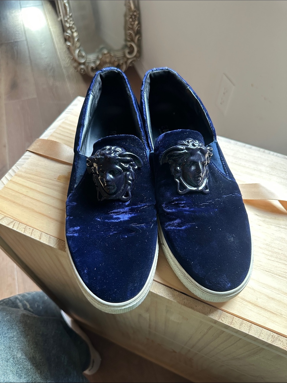 Versace Navy Velvet Slip-On Loafers with Medusa Emblem